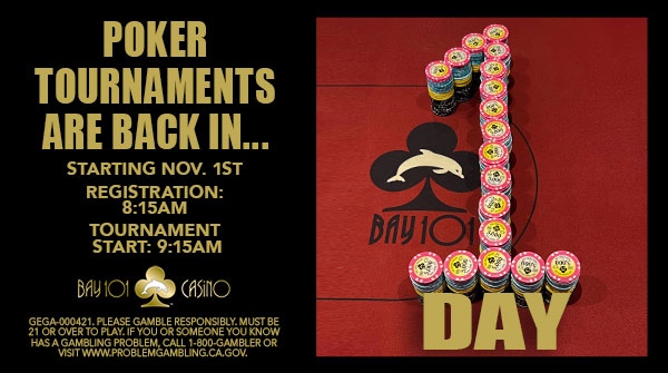 Bay101Casino's tweet photo. CALLING ALL POKER PLAYERS - ONLY ONE DAY LEFT UNTIL TOURNAMENTS! 📣

We are so excited to see you here for registration tomorrow at 8:15AM and to start playing at 9:15AM. 

#chipandachair #bay101poker #pokerplayer #bayarea #norcal #getlucky #bluff #checkraise #bay101 https://t.co/va28muidv8