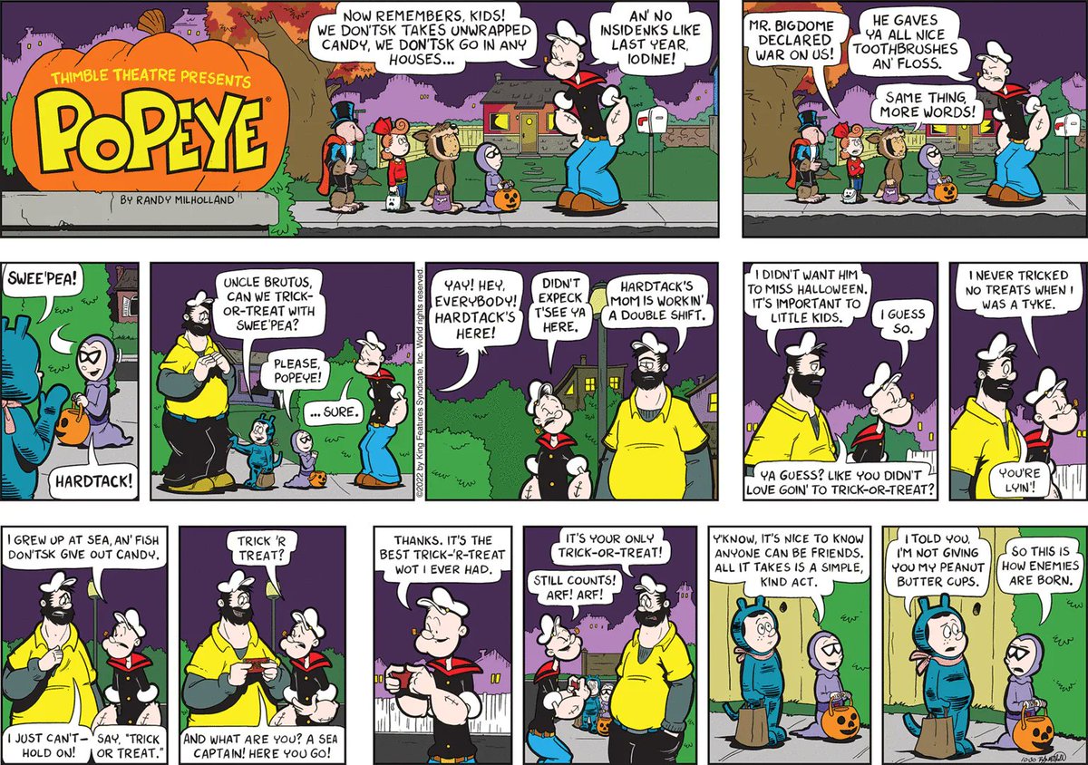 Chronicle_Tweet's tweet photo. This week, many are celebrating #Halloween &amp; #Popeye is tasked taking the kids out &amp; guess who #SweePea dressed up as? This first appeared on @ComicsKingdom on 30 October drawn by @choochoobear. Good to see #thePhantom filtering through on a couple of other #KFS comic strips https://t.co/5PLWqR5wMN