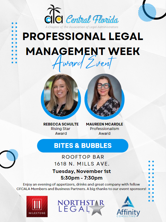 #NorthStarLegal is excited to be co-sponsoring the Professional Legal Management Week Award Event at Bites & Bubbles next week!

#plmw #ala #plmwcfcala #lawfirmadministrators #lawfirm #cfcala #bitesandbubbles #legal #professionallegalmanagementweek #northstar