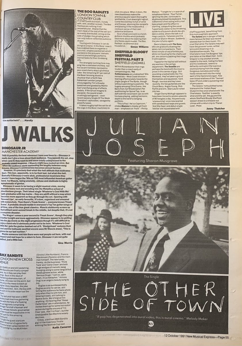 Live! Dinosaur Jr! BMX Bandits! Boo Radleys! Sheffield! NME, 12 October 1991. #NME #MyLifeInTheUKMusicPress #1991