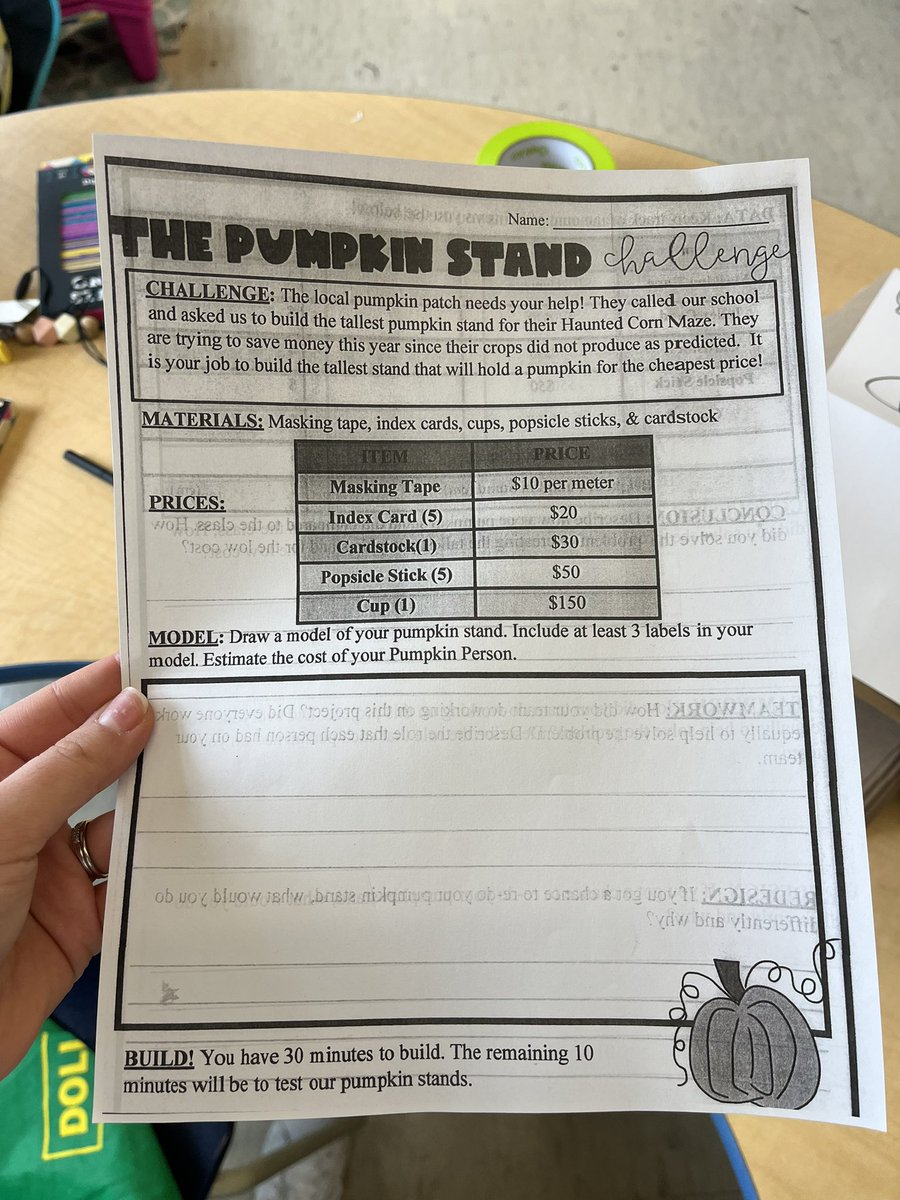 The Pumpkin Stand Challenge was a success! Students had to build the cheapest and tallest stand for our pumpkin! They had to “buy” materials and record the total cost of their pumpkin stand. Congratulations to our winning group!