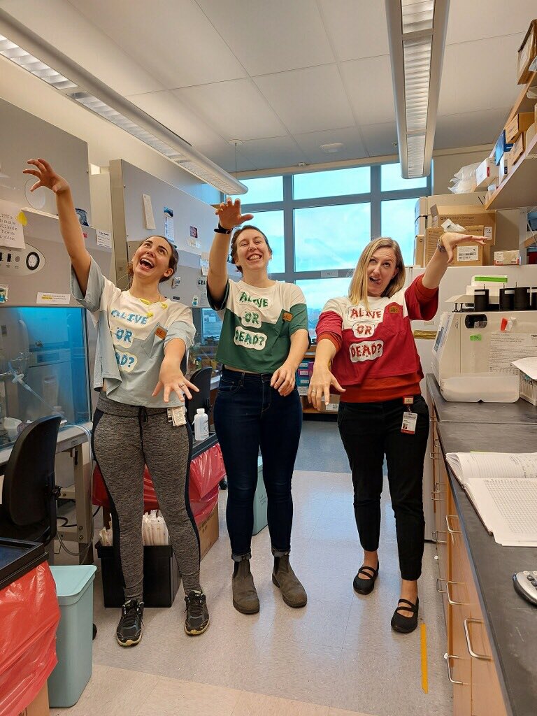 McPopLab_OSU's tweet image. 😱 The lab is full of zombie dyes - used to tell if cells are alive or dead in the flow cytometer. When the cells die, they fluoresce the color of the dye, alive cells would have no fluorescence. Stay safe this #Halloween 🧟‍♀️