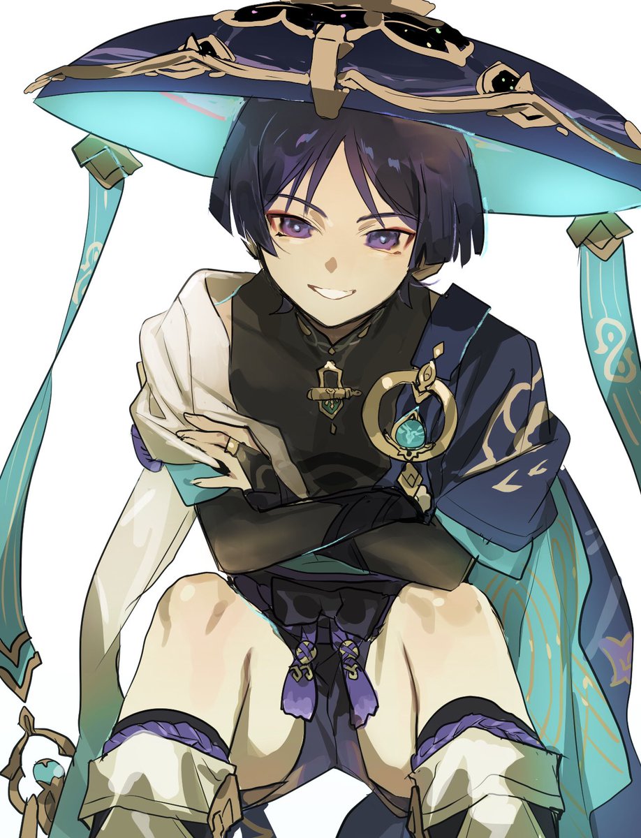 scaramouche (genshin impact) 1boy jingasa male focus hat solo purple eyes white background  illustration images