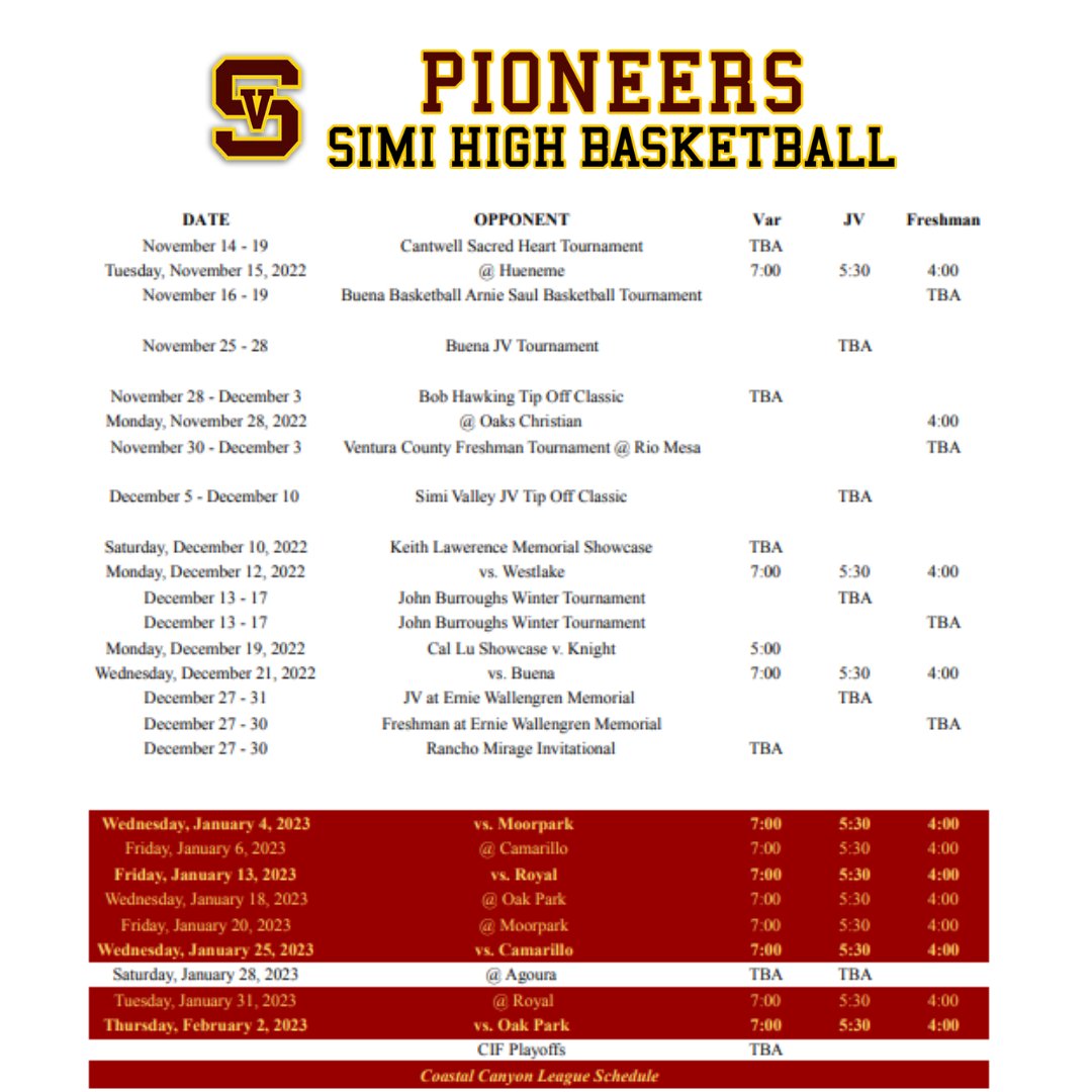 Simi Valley 2022-23 Schedule