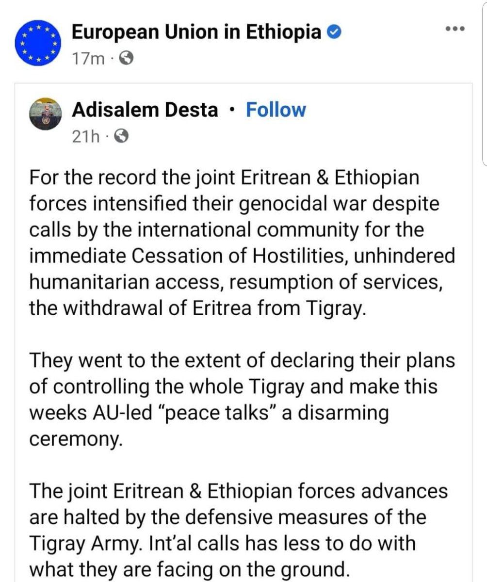 🚨#Europe_Union in Ethiopia AKA The #Garden Union directly share &amp; supports the #TPLFTerroristGroup #false information on their official #Facebook page !

<a href="/ComisionEuropea/">Comisión Europea en España</a> 
<a href="/Europarl_EN/">European Parliament</a> 
<a href="/UN/">United Nations</a> 
<a href="/UNICEF/">UNICEF</a> 
<a href="/AbiyAhmedAli/">Abiy Ahmed Ali 🇪🇹</a> 
<a href="/AUC_MoussaFaki/">Moussa Faki Mahamat</a> 
<a href="/DemekeHasen/">Demeke Mekonnen Hassen🇪🇹</a> 
<a href="/WilliamsRuto/">William Samoei Ruto, PhD</a> 
<a href="/antonioguterres/">António Guterres</a>
