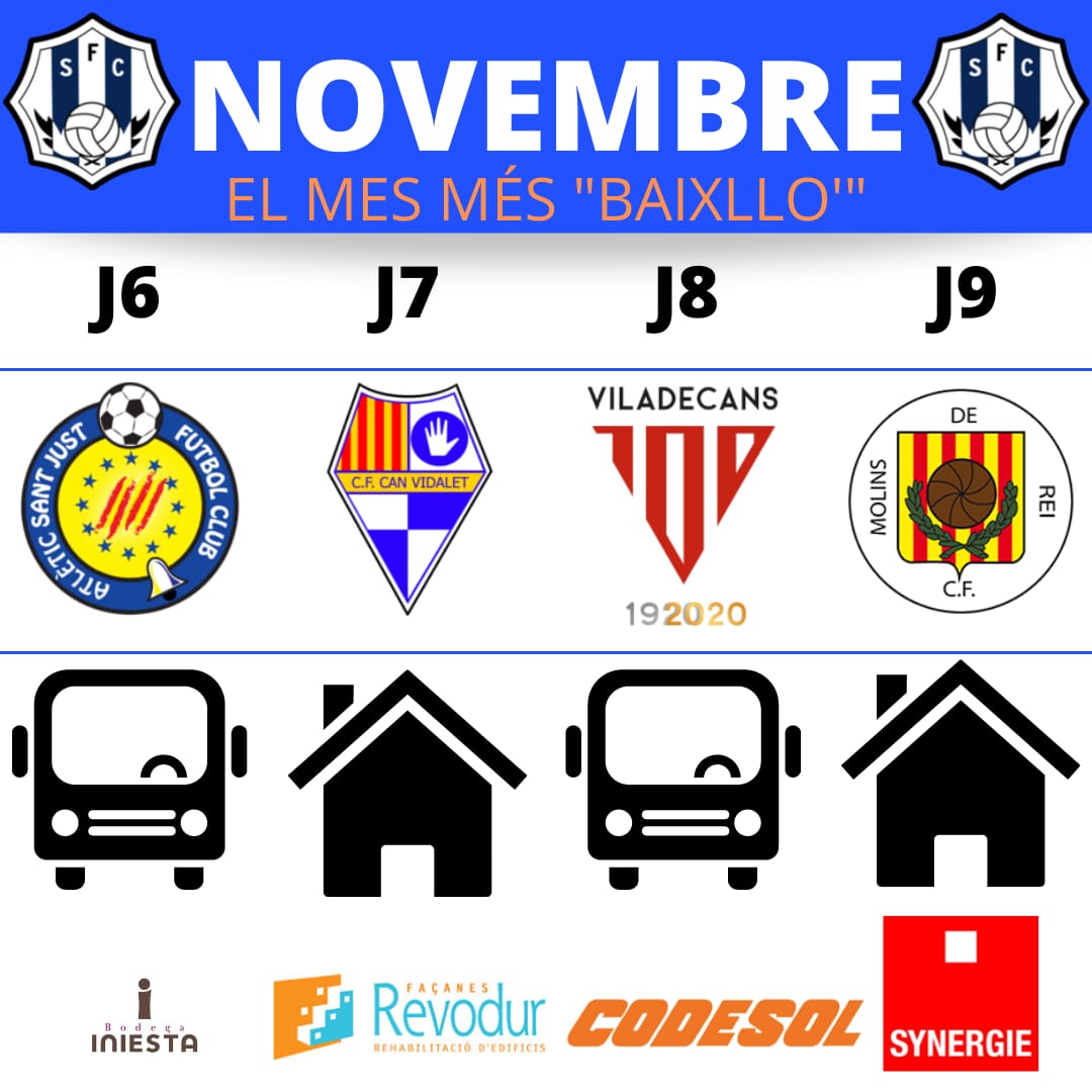 SantfeliuencFC's tweet photo. El mes de novembre es un mes de derbis del Baix Llobregat. 

@AtleticSantJust 
@cfcanvidalet
@UD_Viladecans
@molinscf

Omplim les #Grases 
#HoTornaremASentir #SantfeCapitalDelBaix https://t.co/pBlB68J0Xv