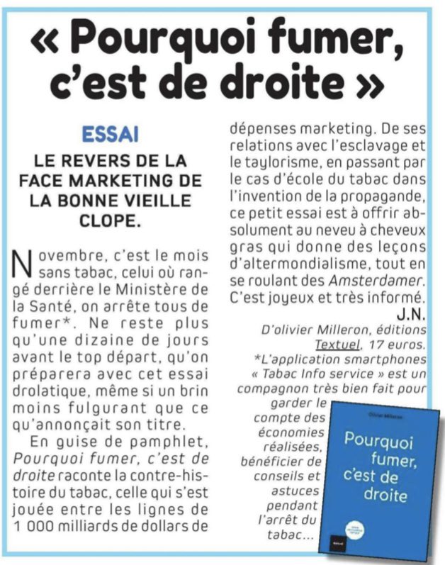 Milleron Olivier (@omilleron) on Twitter photo « Pourquoi fumer, c’est de droite » <a href="/EditionsTextuel/">Éditions Textuel</a> est dans La Marseillaise <a href="/lamarsweb/">La Marseillaise</a> « Pourquoi fumer, c’est de droite » <a href="/EditionsTextuel/">Éditions Textuel</a> est dans La Marseillaise <a href="/lamarsweb/">La Marseillaise</a>