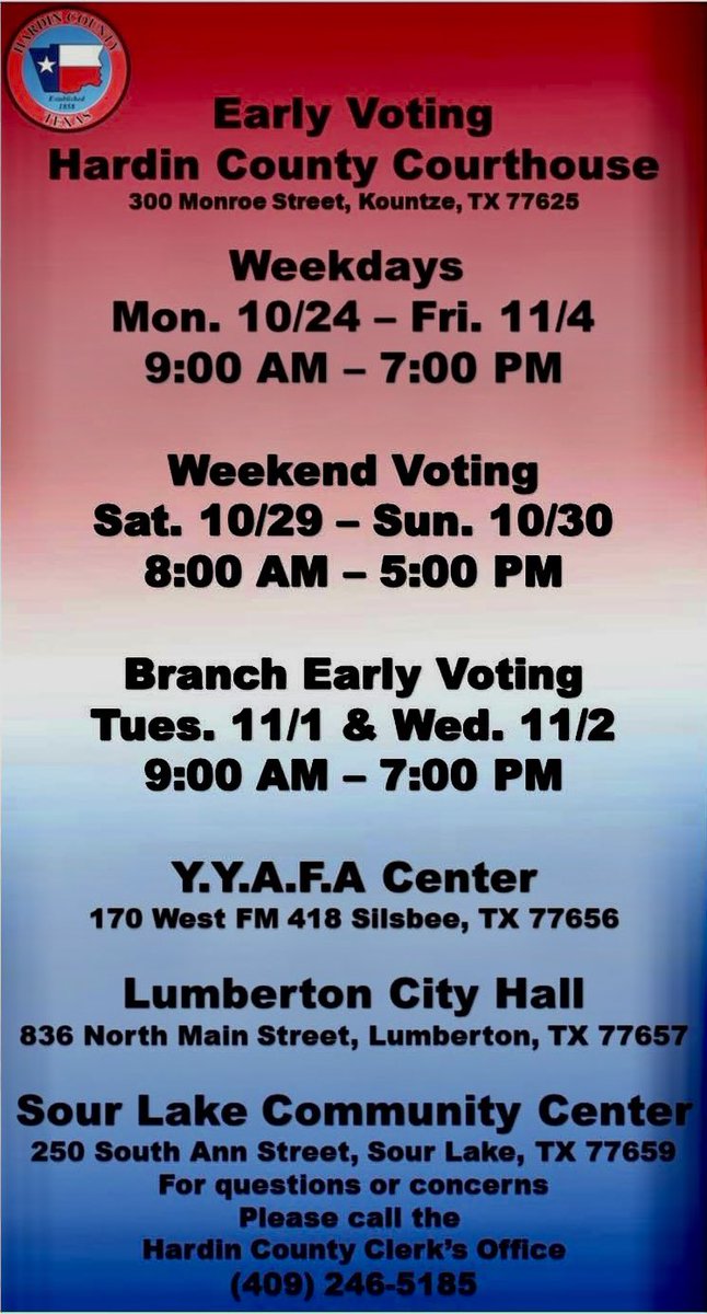 JudgeWM's tweet image. Early Voting in the November 8, 2022 General Election continues all week at the Hardin County Courthouse from 9AM - 7PM. Friday is the last day to vote early. 
#EarlyVoting 
#HardinCountyTX