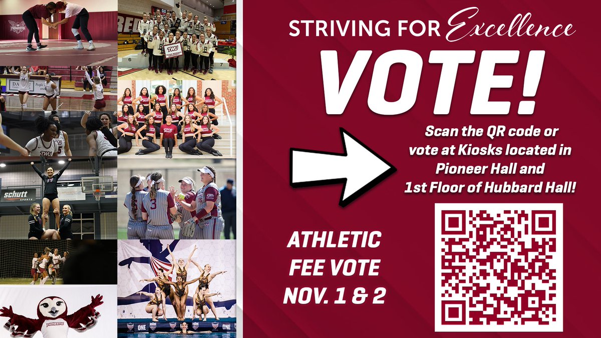 𝘿𝙊𝙉'𝙏 𝙁𝙊𝙍𝙂𝙀𝙏 𝙏𝙊 𝙑𝙊𝙏𝙀 🗳️

This week— November 1 &amp; 2— students will have the opportunity to strive for excellence and vote for TWU’s first athletic fee! 

Students— you can vote online or at a kiosk in Pioneer Hall or Hubbard Hall! 

#PioneerProud