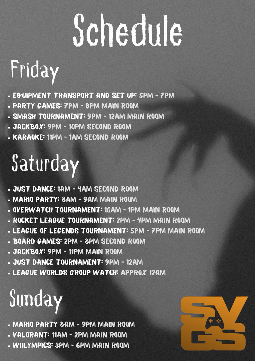 Here is the Schedule for the upcoming LAN Party on Friday!!
Make sure to get a ticket on the USSU website:
ussu.co.uk/activity/clubs…

Paid Members pay nothing!!!
Non-Paid Members will pay £2
Paid Membership is only £4 and comes with access to the games library!!