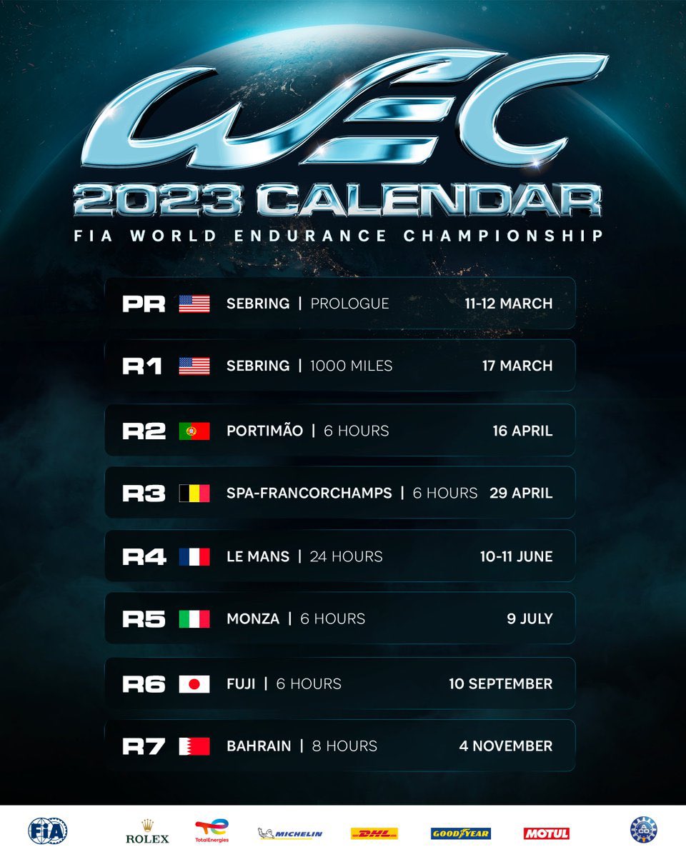 Here’s the 2023 @FIAWEC calendar, the season starts at @sebringraceway with the 100th edition of the @24hoursoflemans in its traditional mid-June date, plus a return to @AIAPortimao in Portugal for 2023. #WEC #LeMans24 #LeMansCentenary #IMSA

#GTCrewOnline