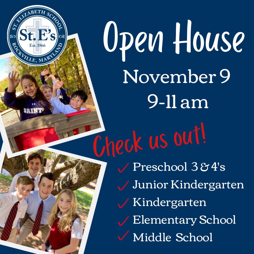 StEsRockville's tweet photo. Come check us out at the November 9th Open House!
This is a great time to see our school in action, chat with other parents, and find out about the admissions process. Our classes are filling up so don’t wait! Stop by anytime between 9-11am.
#catholiceducation
#StEsCommUNITY https://t.co/UT0MTr7cFW