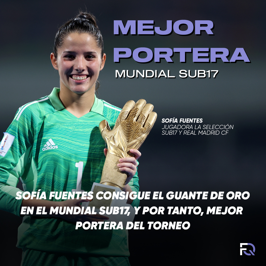 FootballQueens_'s tweet photo. 🧤 MEJOR PORTERA 🧤

@sofiaffuente  fue galardonada con el guante de oro a la mejor portera en la final del mundial sub17.

📷 @SEFutbolFem 

#u17wwc #VamosJuntas #futfem #futbolfemenino #SofiaFuentes #SeFutbolFem #GuantedeORO https://t.co/Axqrw1k8SE