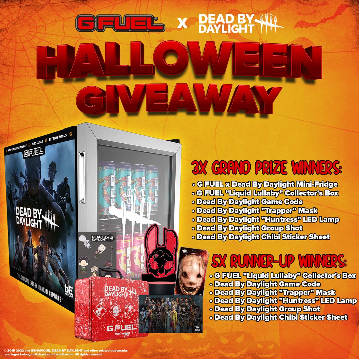 G FUEL® (@gfuelenergy) on Twitter photo 🚨 GIVEAWAY ALERT: We're coming at ya HOT with a KILLER #GFUEL X #DeadByDaylight GIVEAWAY! Courtesy of our friends over at @DeadByBHVR 
✅  Like + RT!
✅ Tag a friend!
✅ Follow <a href="/GFuelEnergy/">G FUEL®</a> & @DeadByBHVR 
😈 Ends November 7th!
🛒 SHOP: GFUEL.ly/dead-by-daylig… 🚨 GIVEAWAY ALERT: We're coming at ya HOT with a KILLER #GFUEL X #DeadByDaylight GIVEAWAY! Courtesy of our friends over at @DeadByBHVR 
✅  Like + RT!
✅ Tag a friend!
✅ Follow <a href="/GFuelEnergy/">G FUEL®</a> & @DeadByBHVR 
😈 Ends November 7th!
🛒 SHOP: GFUEL.ly/dead-by-daylig…
