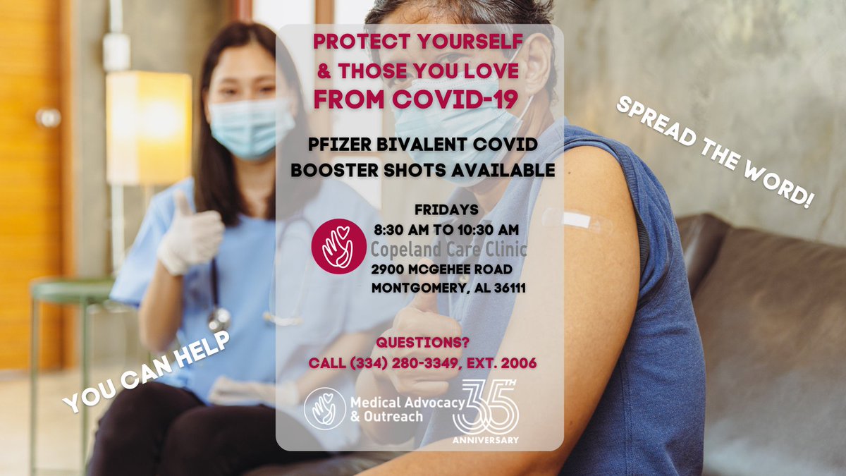 MAOofAlabama's tweet photo. Do you need the new Bivalent COVID Booster? MAO will be providing the Pfizer Booster TO CLIENTS &amp; THE PUBLIC on Fridays at 2900 McGehee Road in Montgomery, 8:30AM-10:30AM. Clients can also schedule a time with their provider. Questions? Call (334) 280-3349, ext. 2006. #covid19us https://t.co/NQeKNPOZZ2