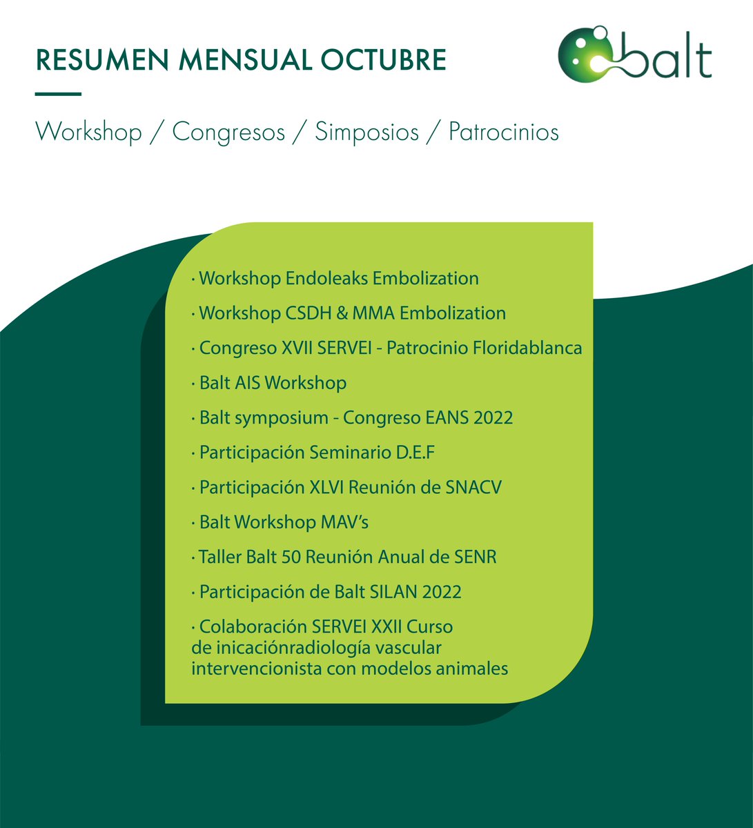 BaltSpain's tweet photo. Presentamos el #monthlyreviewbaltspain de este octubre.
Hemos tenido el placer de participar en los siguientes workshops, congresos, simposios y patrocinios.
Muchas gracias a todos por haberlo hecho posible.
#balt #baltspain https://t.co/4JhoajTj75