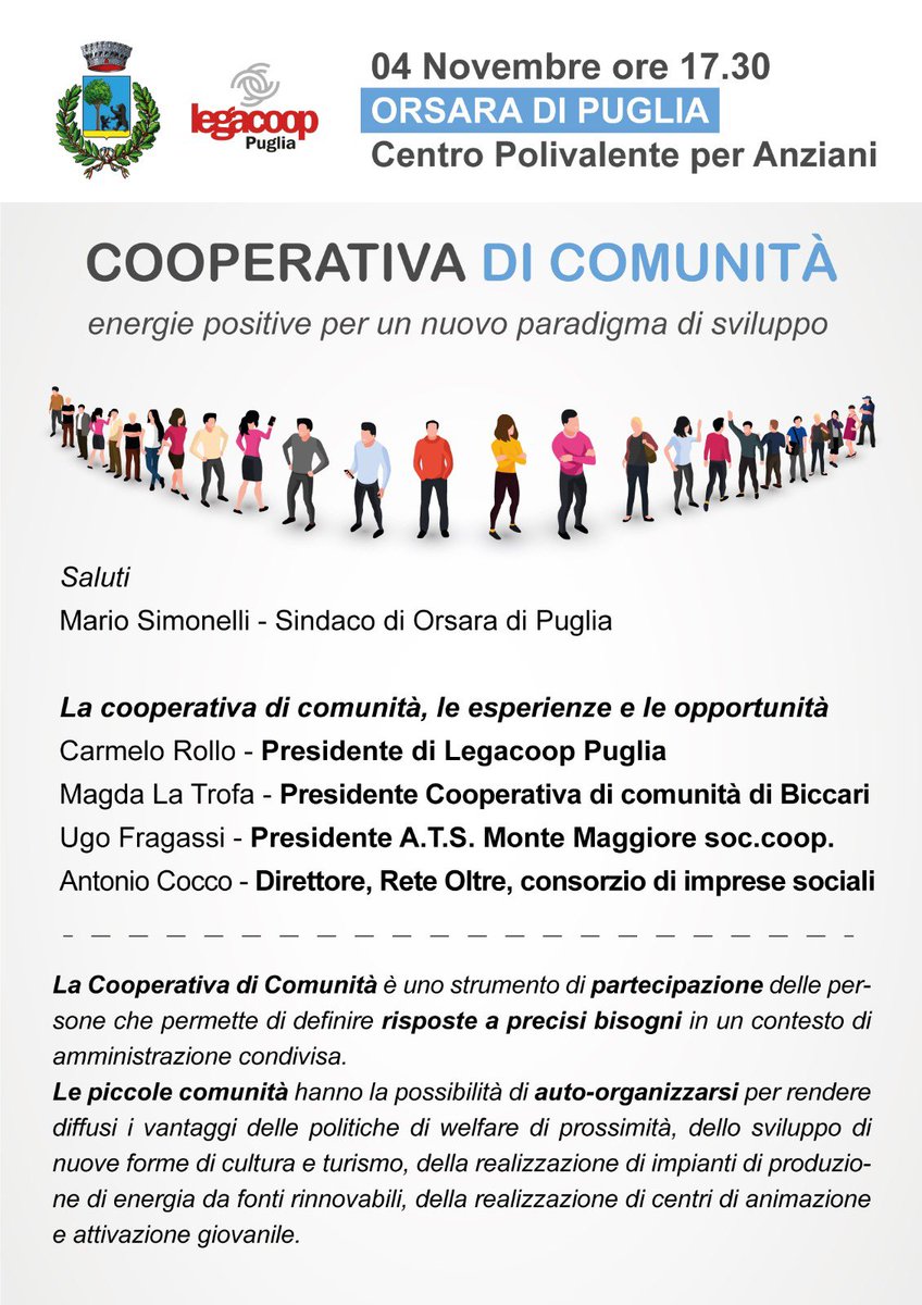 Cooperativa di #comunità come strumento per un nuovo #modello di economia. Venerdì 4 novembre alle 17.30 a Orsara di Puglia. #dasolinoncestoria