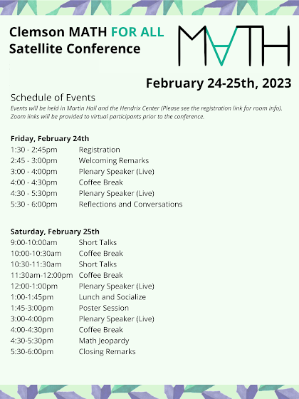 Registration is open for the "Math for All" conference in Salt Lake City on Feb. 24-25, 2023. 
The conference is targeted to undergraduate and graduate students, post-docs, and faculty members from all institutions in Salt Lake City. 
Register here: sites.google.com/view/mathforal…