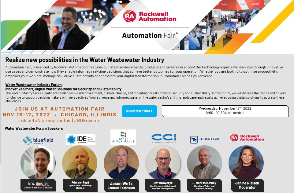 BluefieldWater's tweet image. We are looking forward to the @ROKAutomation conference in Chicago! @ebindler will moderate a panel on Innovative, Smart #DigitalWater Solutions for Security and Sustainability. Hope to see you there. @IDETechnologies @TetraTech 
hubs.ly/Q01q-bGq0 #ROKevents