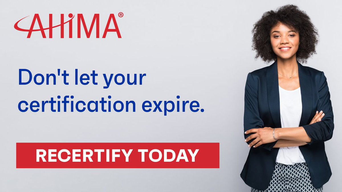 CEUs are required to maintain your AHIMA certification. Don’t let your credential expire. Learn more here: hubs.la/Q01qvWTQ0

#AHIMACertifications #Recertification #HealthInformation #Healthcare #ProfessionalTraining