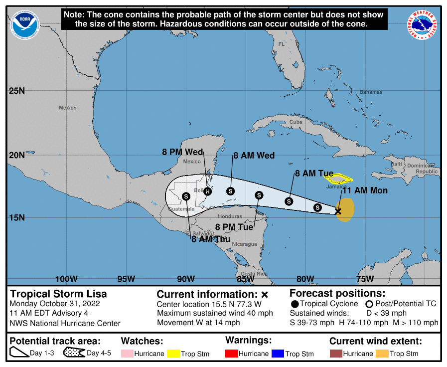 weatherjamaica's tweet image. The U.S. National Hurricane Center now states that Potential Tropical Cyclone 15 has upgraded to Tropical Storm Lisa. Jamaica is still under a Tropical Storm Watch as Tropical Storm conditions are likely to affect sections of the island throughout today into tonight.