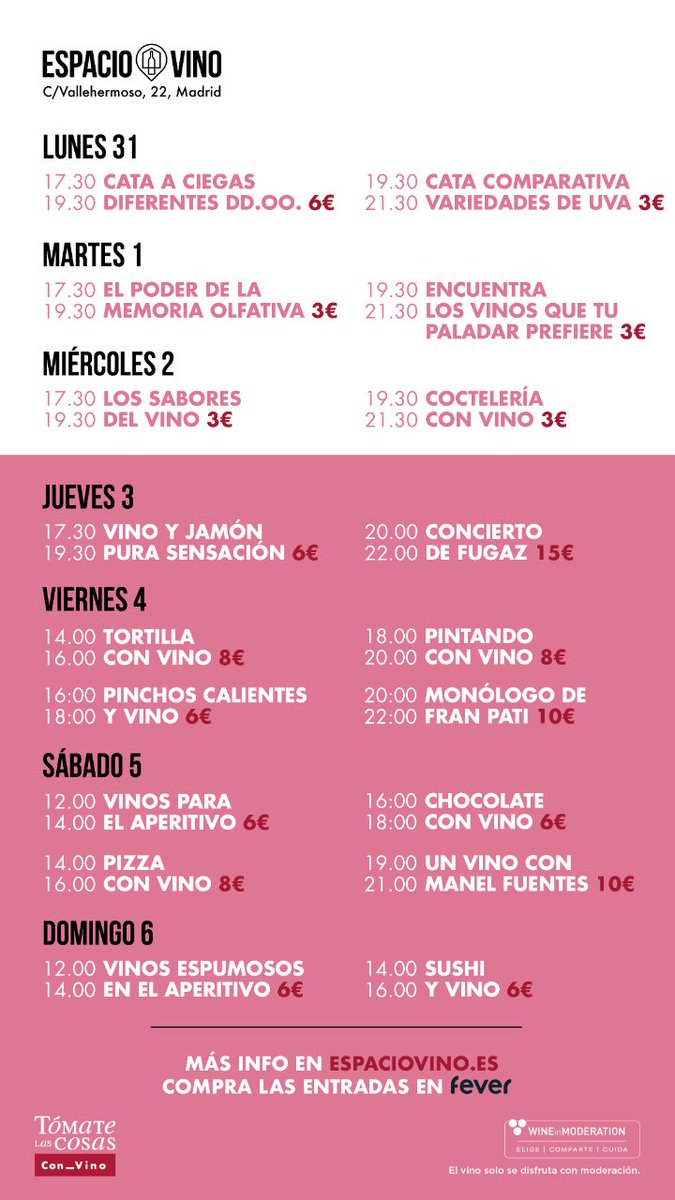 ¡¡¡Esto es todo lo que te espera en la segunda semana de #EspacioVino!!! 🍷

¿Quieres convertirte en un auténtico profesional del #vino mientras disfrutas de un buen plan? 

Apúntate en 👇🏼 feverup.com/madrid/espacio…