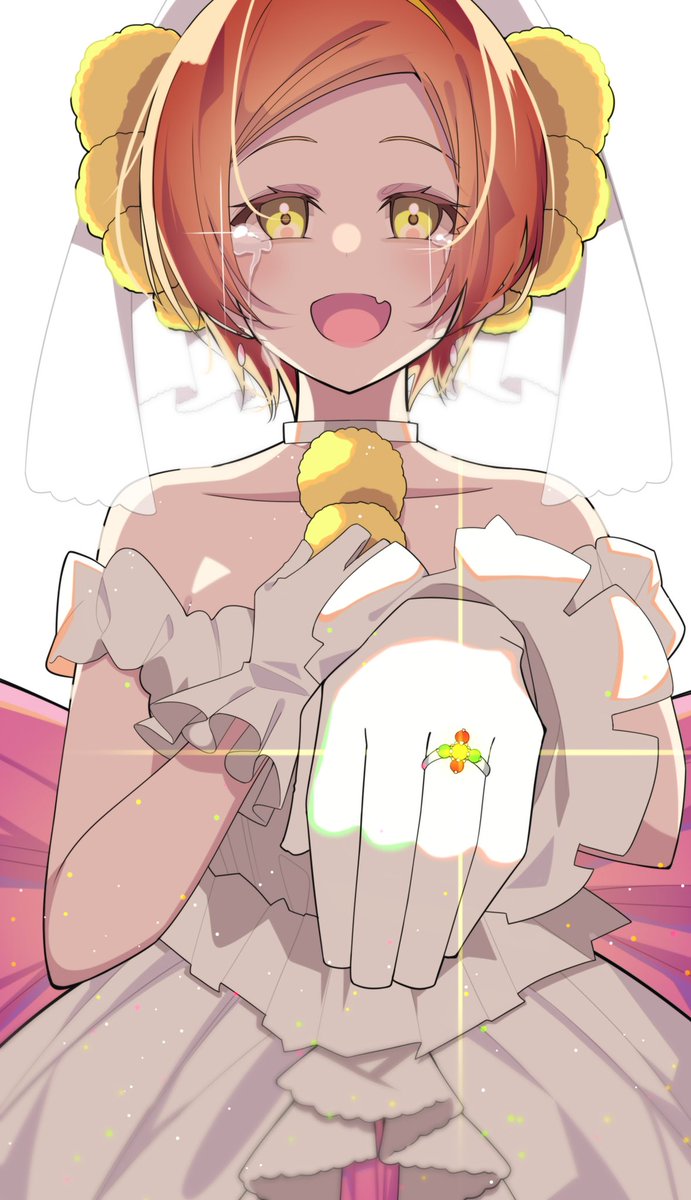 hoshizora rin 1girl dress solo veil gloves jewelry ring  illustration images