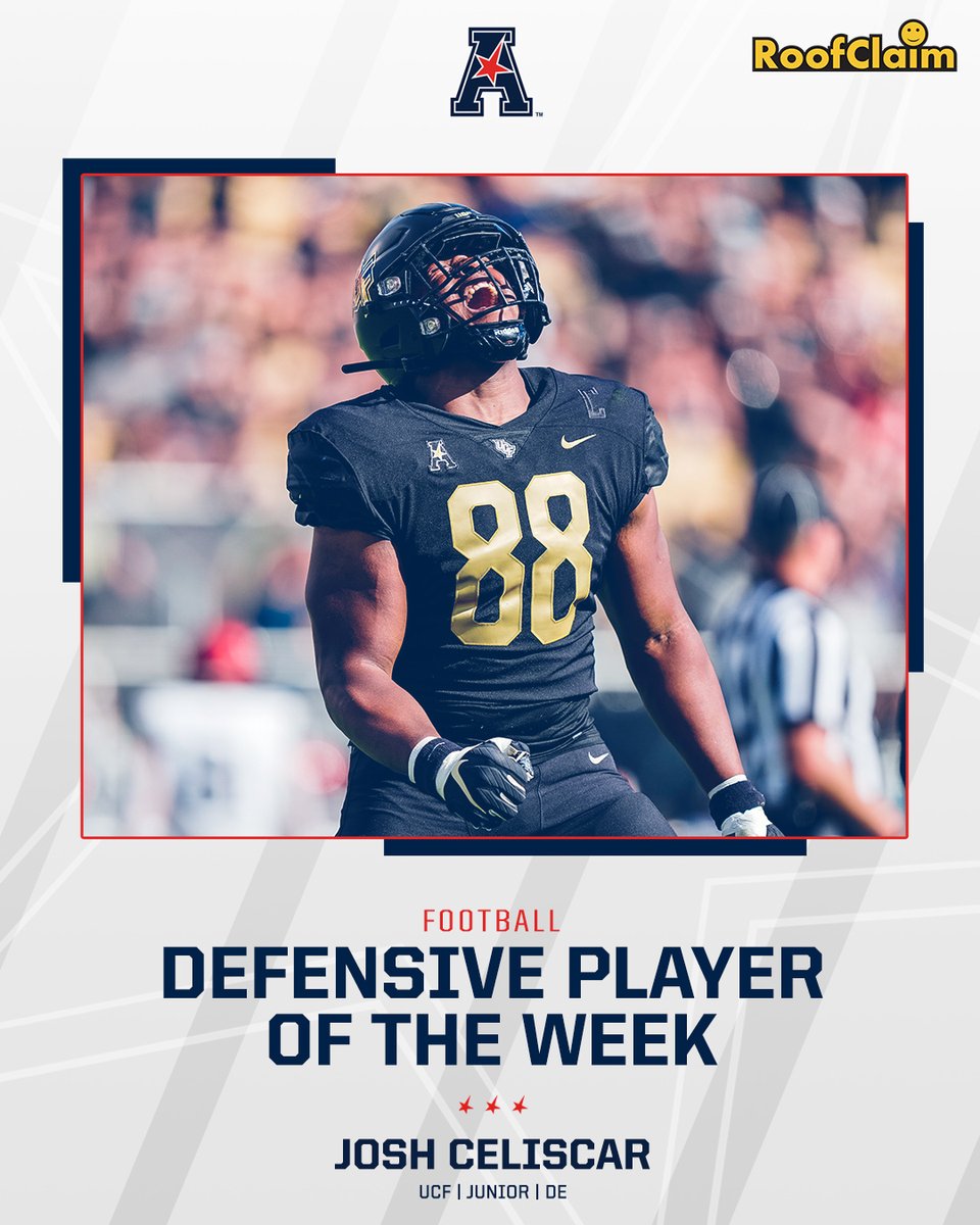 Josh Celiscar of @UCF_Football is the @American_Conf Week 9 @RoofClaimUS Defensive Player of the Week Celiscar had 5 solo tackles, including a sack and a safety in the Knights win over No. 20/19 Cincinnati. He led the defense that held the Bearcats to 35 total rushing yards