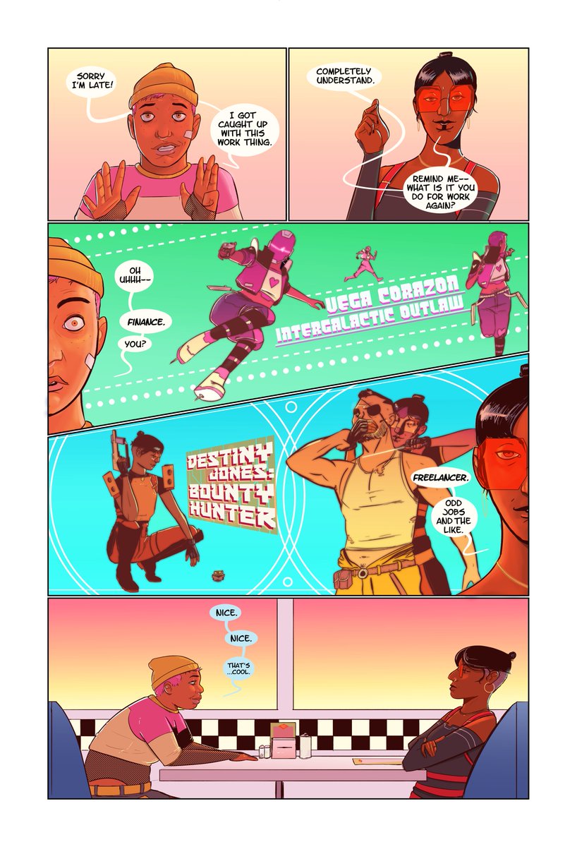 disasterlaster's tweet photo. "Vega Corazón and the Date with Destiny" (1/2) Joining in with other creators and sharing my story from #OffIntoTheSunset. It's gay and in space what more can you ask for! https://t.co/lGYYQVdjNk