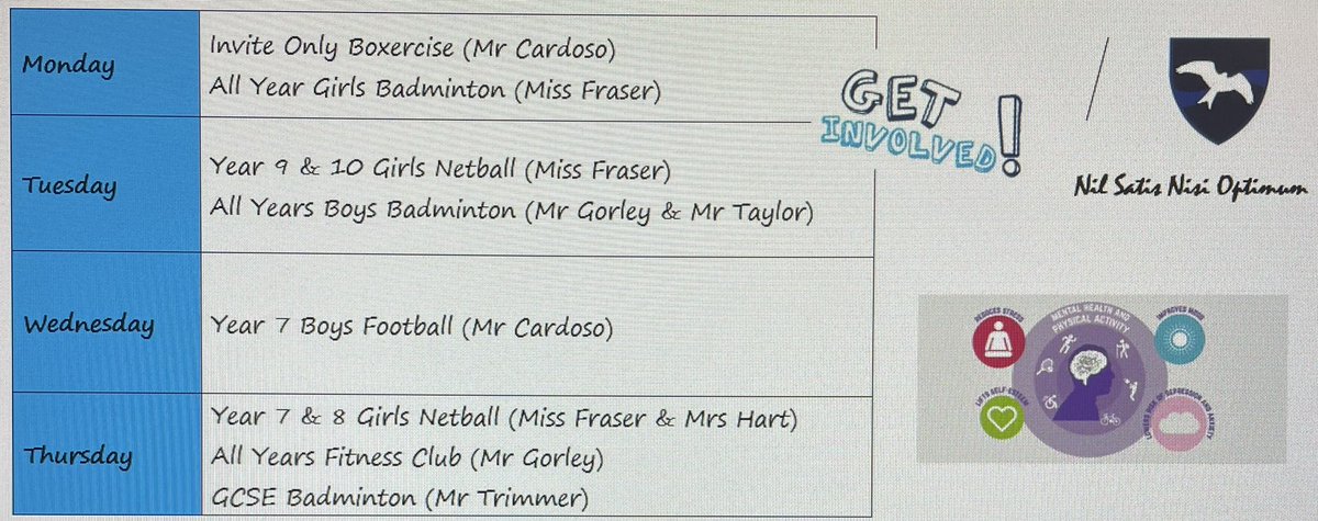 New PE clubs timetable starting tomorrow. Speak to your PE teacher for more information #getinvolved