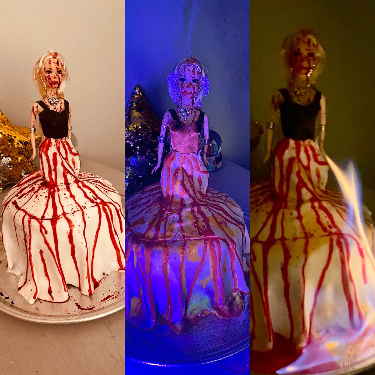 Mria_Chowdhury's tweet photo. Happy Halloween! My show stopper bake “scary doll on fire” is a red velvet chocolate cake with chocolate butter cream filling. I used vitamin B2 for the fluorescent glow #Halloween #RealTimeChem #ChemistsWhoCook could not wait until #FluorescenceFriday https://t.co/kp5ZSdGKUg