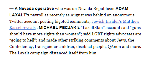 slappywhyte's tweet photo. @politico can't talk about the many Dem problems but thinks talking about an @AdamLaxalt FORMER campaign staff separated in SUMMER is above the fold newsworthy.  Crazy.

This staffer should have been separated and was.  Nothing to see here.

#nvsen 
#NVPoli https://t.co/RfeYlJPu7z