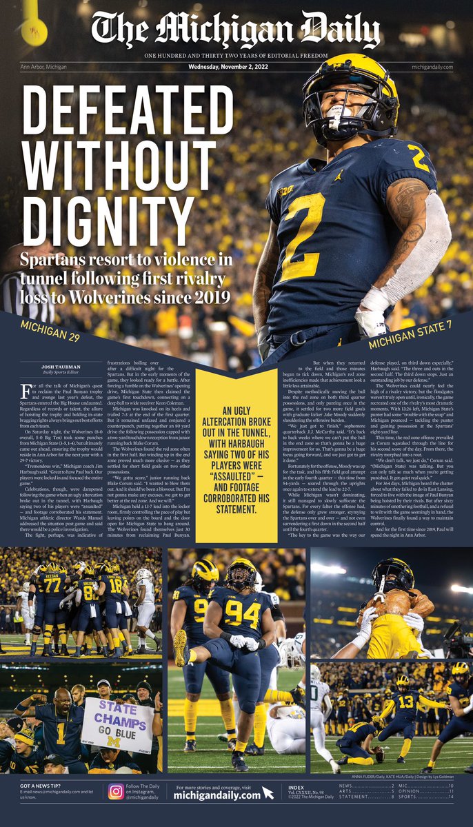 Michigan Daily Sports (@theblockm) on Twitter photo Following the Spartans’ first loss to <a href="/UMichFootball/">Michigan Football</a> in three years, <a href="/MSU_Football/">Michigan State Football</a>’s violent postgame altercation overshadowed the game on the field.
This week’s #SportsMonday cover: Defeated Without Dignity. Following the Spartans’ first loss to <a href="/UMichFootball/">Michigan Football</a> in three years, <a href="/MSU_Football/">Michigan State Football</a>’s violent postgame altercation overshadowed the game on the field.
This week’s #SportsMonday cover: Defeated Without Dignity.