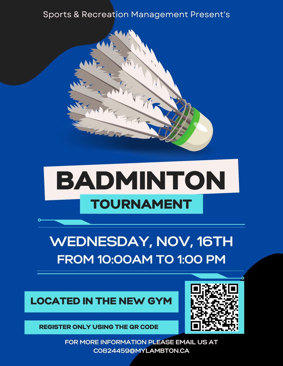 zachlong67's tweet photo. If you enjoy friendly competition come out to Lambton College for our badminton tournament on the 16th of November. @LambtonCollege @LambtonSRAM @LambtonLions  @tsn https://t.co/OMovBaSy1l