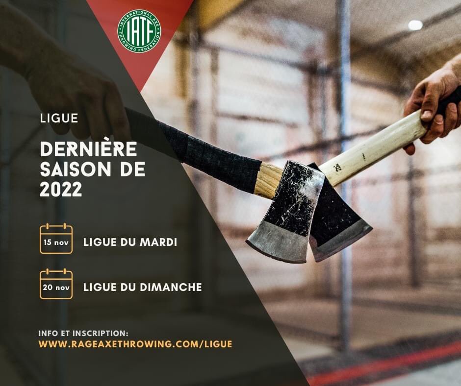 Vous l’avez demandé, on vous a entendu 👀

Nous avons décidé d’organiser une dernière saison de nos ligues du mardi et du dimanche avant que cette année se termine.

Tous les niveaux de lanceurs.euses sont bienvenus. Pour vous inscrire, visitez : rageaxethrowing.com/ligue