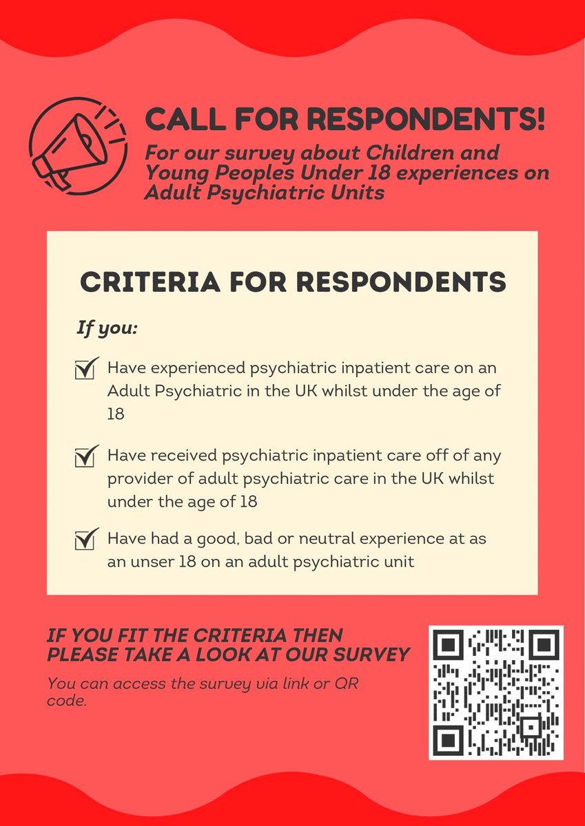 RT @ontheinside_1 📢CALL FOR RESPONDENTS📢

Have you experienced being admitted to an adult psychiatric unit whilst under the age of 18?

Could you spare 10-15 minutes to fill out our survey?

If so please follow this link - https://t.co/x9e2awKPrG