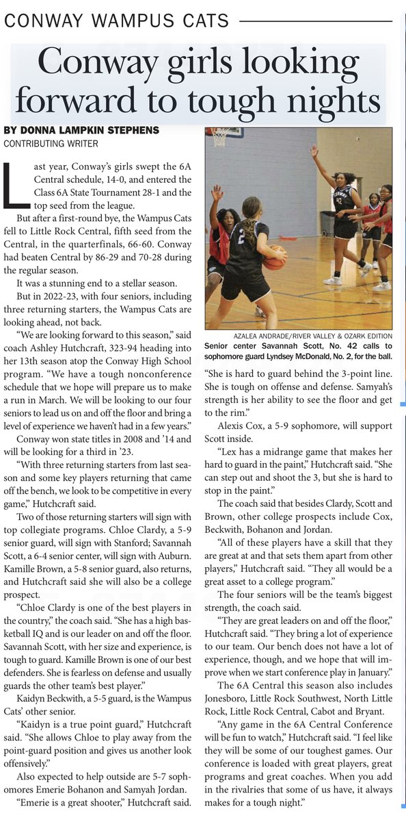 Thank you to the River Valley and Ozark Edition of the AR Democrat Gazette for highlighting our Lady Wampus Cats!🚾🏀