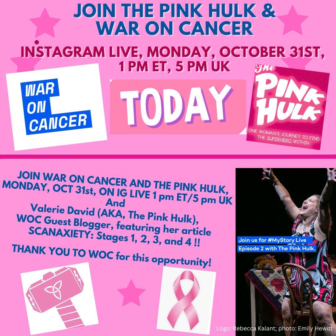 The Pink Hulk and War On Cancer LIVE TODAY! 1 PM EST / 5 PM UK time--update on the UK time, as UK had daylight savings this past weekend. So excited. Thanks to the WOC Team! <a href="/WarOnCancerApp/">War On Cancer</a>