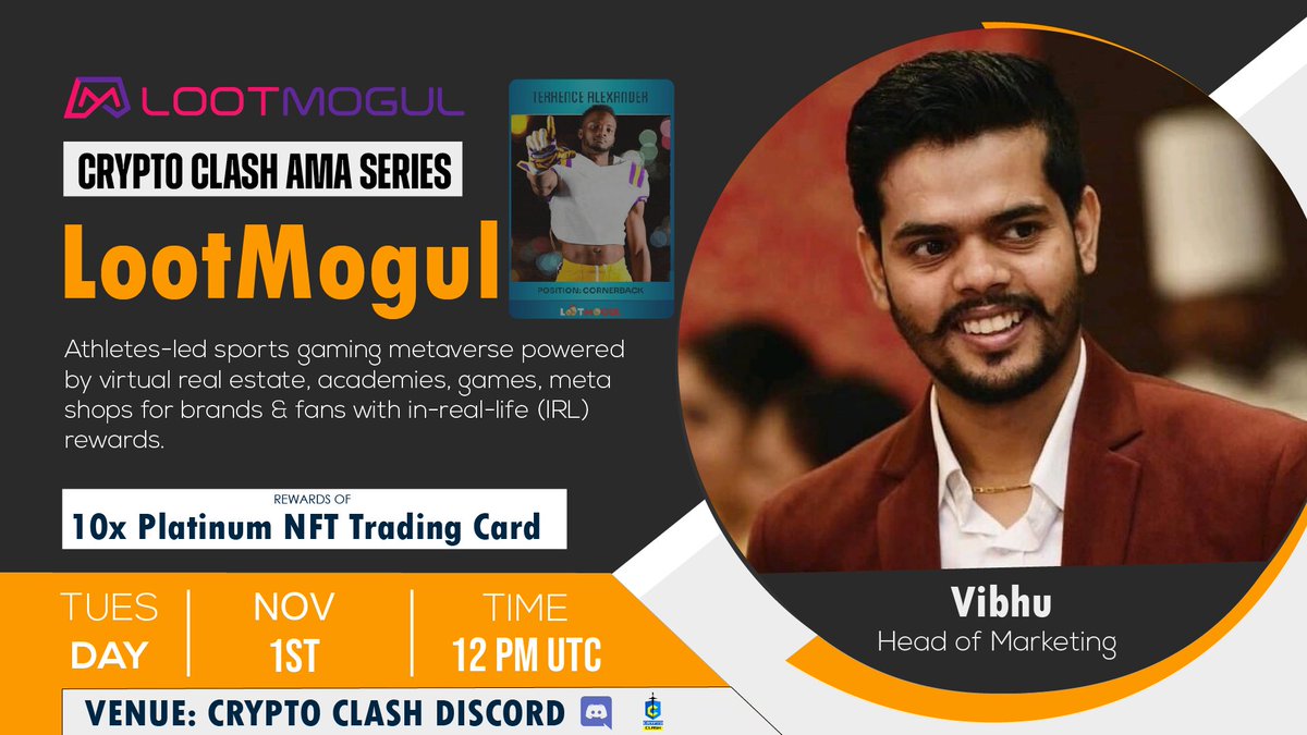 ⚔️AMA Series With LootMogul

🎁Prize: 10x Platinum NFT Trading Cards
📆Date: November 1st 2022 12 PM UTC 
🏨 Venue: discord.gg/kVUtrDhBbD

〽️ Rules:

1️⃣. Follow

<a href="/CryptoClash1/">Crypto Clash</a> 
&amp;
<a href="/LootMogul/">LootMogul</a>

2️⃣. Like Retweet &amp; Comment Your Questions (5 Questions Max) Tag 3 friends.