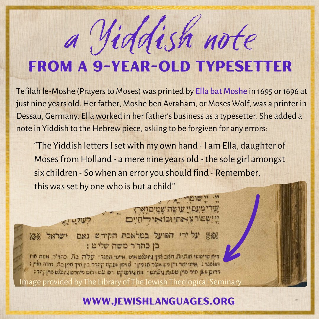 A voice from the 17th century can speak volumes today. The translation of Ella's note comes from Marvin J. Heller's article, 'Moses Ben Abraham Avinu and His Printing-Presses,' in European Judaism 31.2 (Autumn 1998), 123-32. jstor.org/stable/43740612
#WomensVoices #Yiddish @HUCJIR