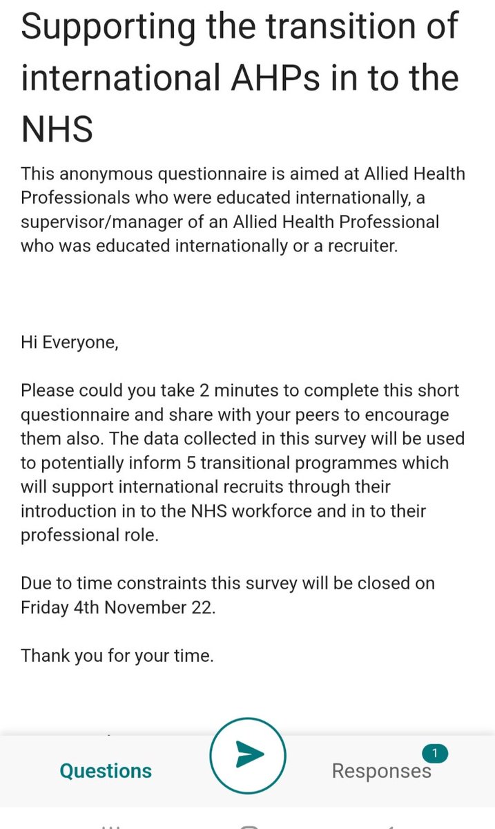 Attention AHP international recruits, managers/recruiters. Please share & complete an anonymous questionnaire regarding transition to the NHS workforce/professional role. forms.office.com/r/yqdeEyQiVN #AHPs #AHPsdeliver @WeAHPs @SuzanneRastrick @D_MARSDEN_OT @BeverleyHarden