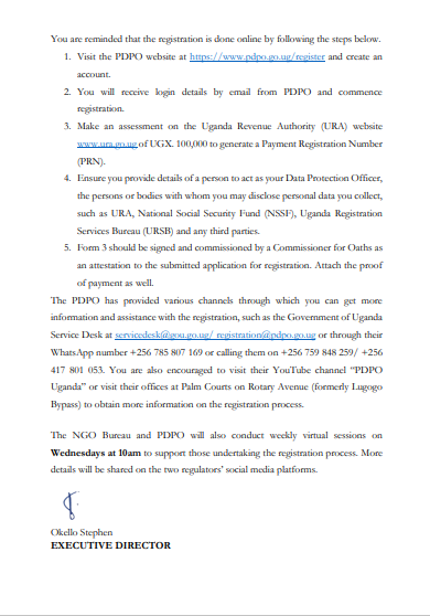 Circular No. 2 of 2022 Dated 31st October 2022
to all Non-Governmental Organisations (NGOs) on extension of the deadline for registration under the Data Protection and Privacy Act of 2019