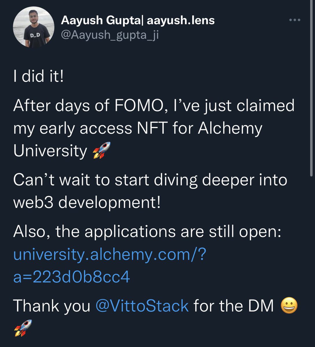 Didn’t receive your Alchemy University Early Access NFT yet? Tell me why you want to join. I’m sending invites to the best comments✨