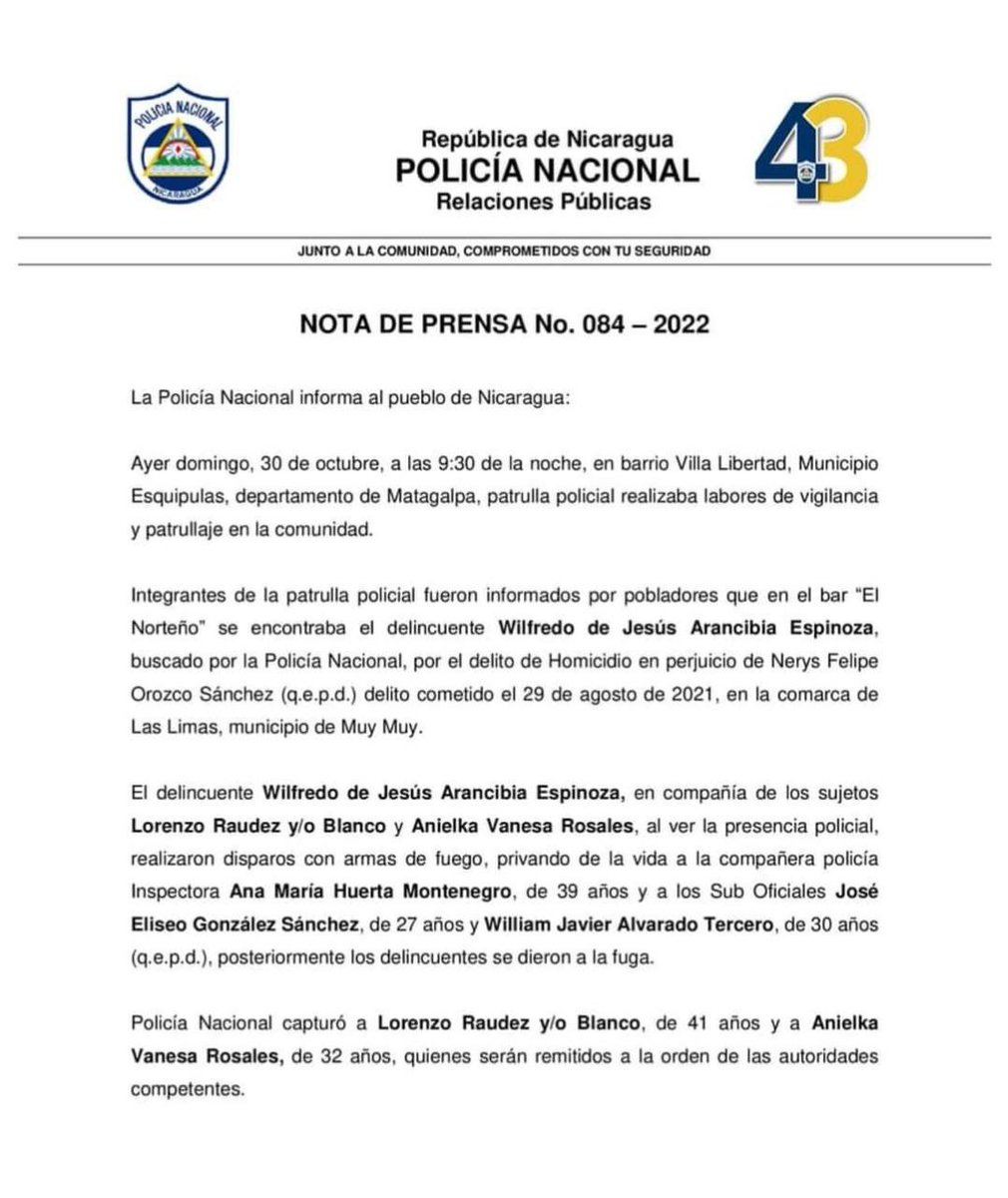 AdelanteSiempr_'s tweet photo. #UnidosVencemosVenceremos| Nota De Prensa No. 084  2022. La Policía Nacional informa al pueblo de Nicaragua, la muerte de tres oficiales de la Policía cuando realizaban labores de vigilancia y patrullaje en barrio Villa Libertad, municipio de Esquipulas, departamento de Matagalpa https://t.co/8x3O48NlgG
