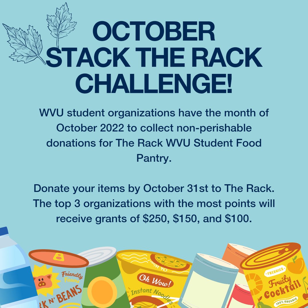 WVU_TheRack's tweet photo. Today is the last day for Student Organizations to drop off donations toward the Stack The Rack Challenge! Bring in donations by 4:45pm to be counted towards the challenge. 

#StackTheRack #Donate #StudentOrganization https://t.co/pEtcgrL1FB