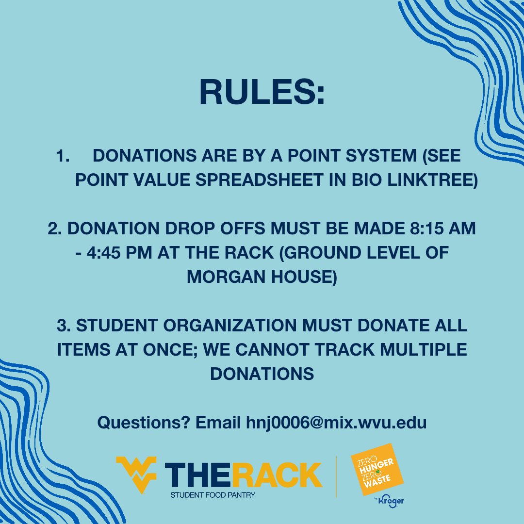 WVU_TheRack's tweet photo. Today is the last day for Student Organizations to drop off donations toward the Stack The Rack Challenge! Bring in donations by 4:45pm to be counted towards the challenge. 

#StackTheRack #Donate #StudentOrganization https://t.co/pEtcgrL1FB