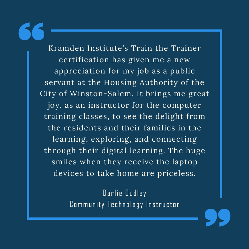 Kramden's tweet photo. Thank you to Kramden's Community Technology Instructors Wanda and Darlie! Our CTIs are bringing Computer Basics classes to Winston-Salem.
You can read more about our Train-the-Trainer program on our website at https://t.co/gpFAsJhyzd
#learntech #gettech #digitalequity https://t.co/HgDtLk5N1j