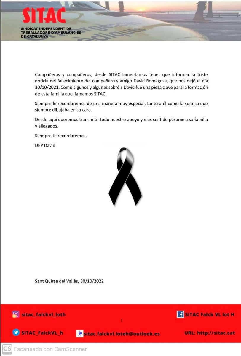 CollectiuRonda's tweet photo. El nostre més sincer condol a la família i tothom que estimava en David Romagosa, que malauradament ens ha deixat massa aviat. Un plaer haver compartit tantes lluites amb tu com a membre de #SITAC, Sindicat Independent de Treballadors d’Ambulàncies de Catalunya https://t.co/2fSmbQEyYp