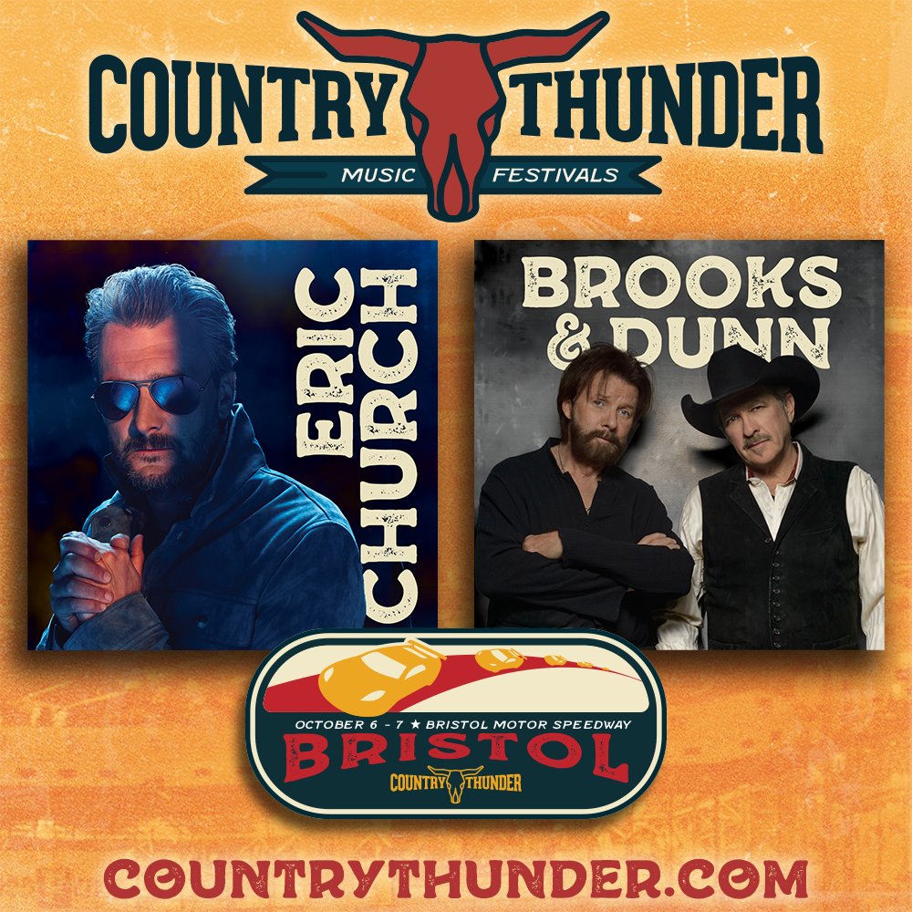 🔥 ANNOUNCEMENT 🔥 @ericchurch and @BrooksAndDunn will be headlining Country Thunder Bristol, October 6 - 7, 2023. Tickets are on sale now: countrythunder.com/bristol-ticket…