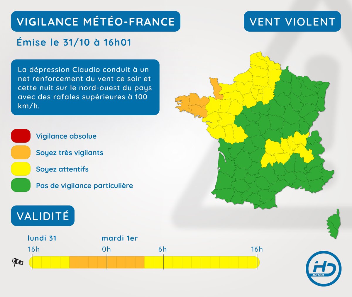 HDMeteo1's tweet photo. 🟠⚠️Prudence ces prochaines heures dans le nord-ouest du pays. Les rafales pourront atteindre 110 km/h dans les terres au passage de #Claudio. https://t.co/dRnEnQ2qaA